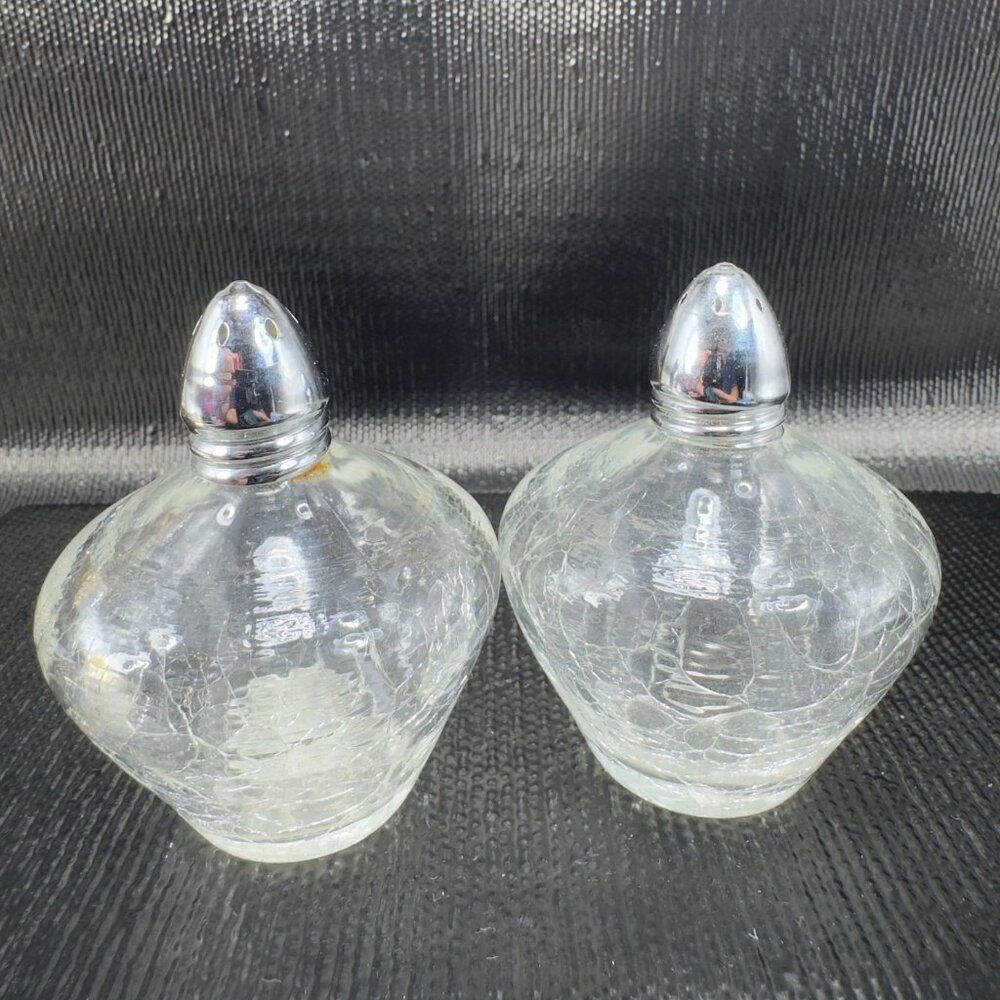 Vintage Irice Clear Crackled Glass Salt And Pepper Shaker Set 2 Metal Lids VTG